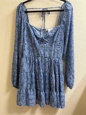 Altar'd State Light Blue Floral Short Tiered Long-Sleeve Dress
